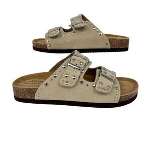 Greystone Fanna Sandals Womens Size 7 Beige Suede Studded Adjustable Buckles